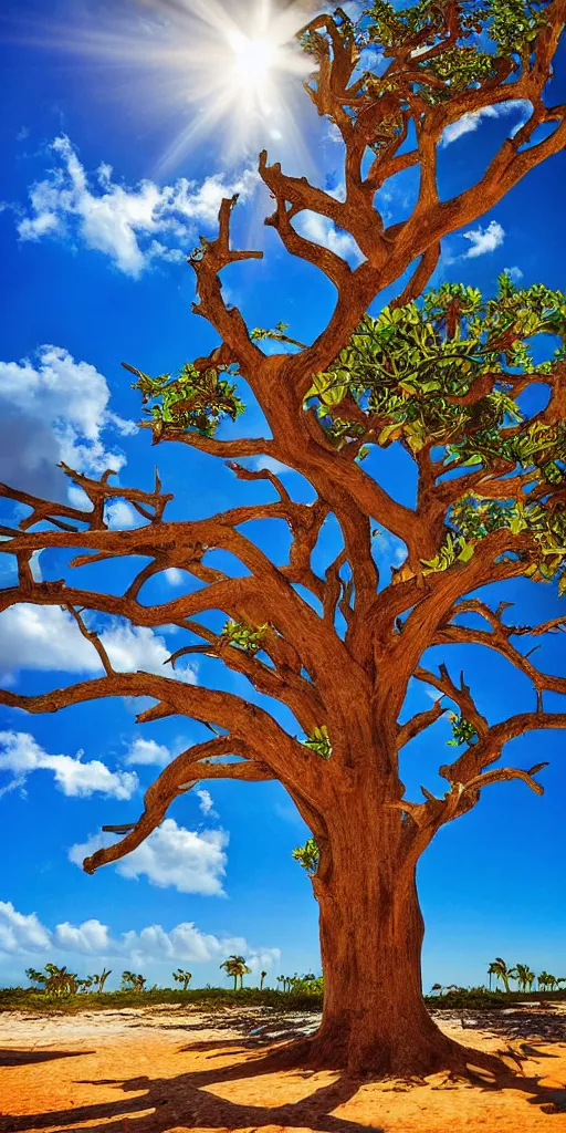 Prompt: Aruba iconic Divi tree beautiful sun rays award winning photo