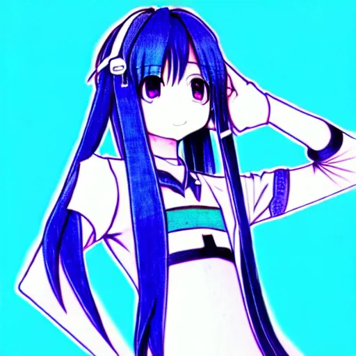 Image similar to hatsune miku v 3, blue pen art on paper