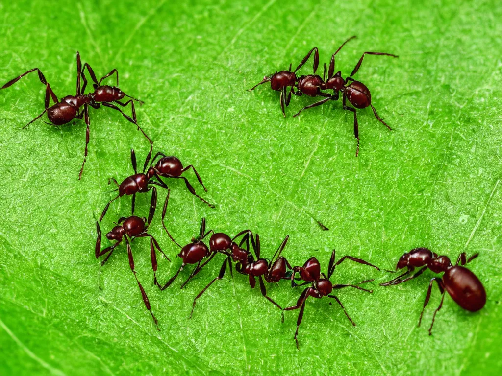 Prompt: a macro photo of two ants fighting on a green leaf