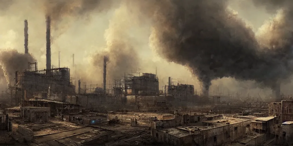 Prompt: a painting of a factory with smoke pouring out of it, a detailed matte painting by jonas de ro, cgsociety, nuclear art, dystopian art, apocalypse art, apocalypse landscape, dark, moody