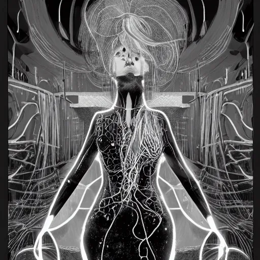 Prompt: highly detailed, black and white, androgynous goddess with flowing hair made of wired and a glowing see through vail type dress, in the background is the remnants of a abandoned modern city falling apart, lifeless and dead