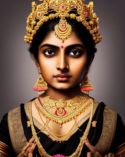 Prompt: photo of a gorgeous young Indian woman wearing elaborate heavy baroque jewelry and crown and rococo ornaments in the style of stefan kostic, realistic, sharp focus, symmetric, 8k high definition, insanely detailed, intricate, elegant, art by stanley lau and artgerm, William-Adolphe Bouguereau