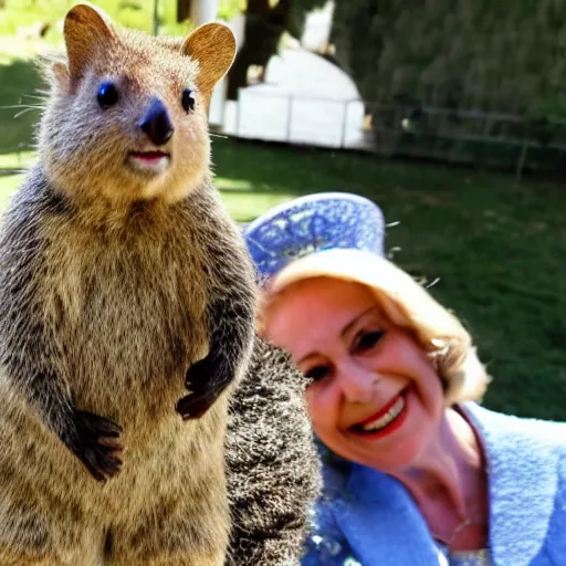 Prompt: Queen Elizabeth II selfie with a quokka