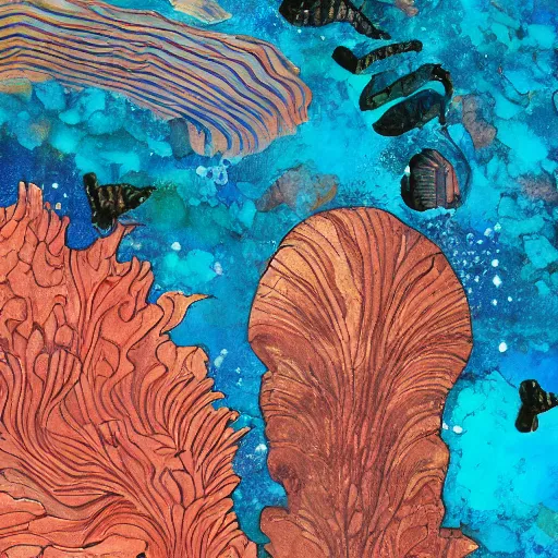 Prompt: fantastical storybook form, toned down, depth, internal contours, gouache and ink watercolor of coral life nuanced shading stunning extravagant rocky sea floor glimmering thin details mixed media aged fresco, abandoned scuba visor cracked multifaceted photo of a painting