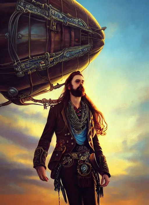 Image similar to portrait painting of a handsome face rugged long hair crimson hair male captain, top half portrait soft hair steampunk ornate mechanical zeppelin airship in the background sky sunset golden hour fantasy rugged book cover art atmospheric lighting art by mullins rutkowski bussiere