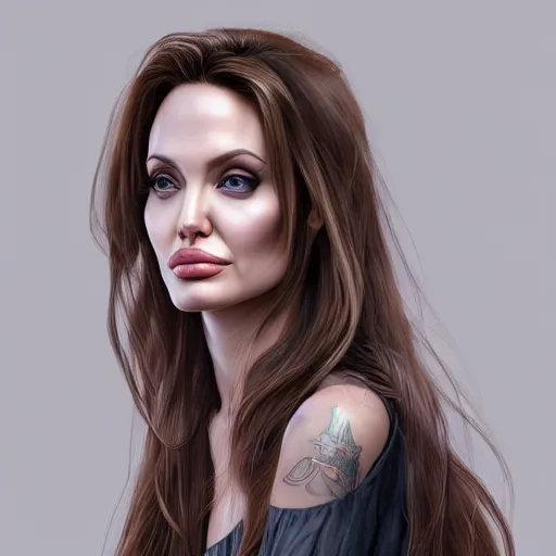 Image similar to portait 2 5 years old angelina jolie centred, very long hair, hd, hyperdetailed illustration by irakli nadar, intricate linework, bright colors, octopath traveler, final fantasy, unreal engine 5 highly rendered, global illumination, radiant light