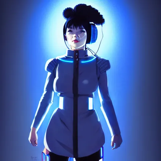 Prompt: a beautiful! bjork model, wearing futuristic cyber leather dress with glowing blue led lights, jrpg aztec street fashion, gapmoe yandere grimdark, trending on pixiv fanbox, painted by greg rutkowski makoto shinkai takashi takeuchi studio ghibli, akihiko yoshida