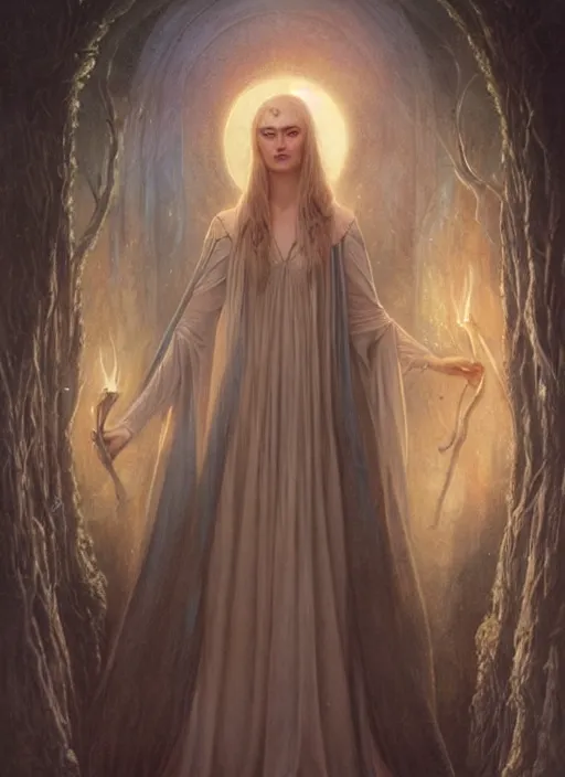 Prompt: galadriel of lothlorien, art by tom bagshaw and alan lee