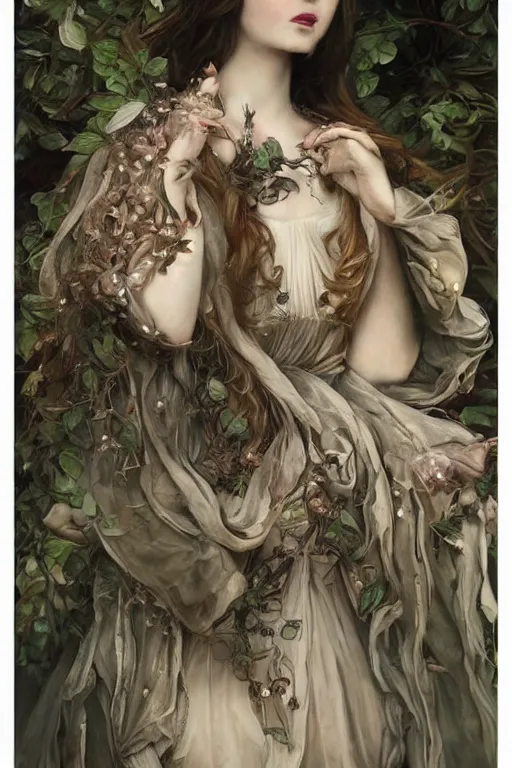 Image similar to An extremely beautiful pre-raphaelite portrait of a very beautiful and cute witch, surreal, ultradetailed, intricate, elegant, digital art painting, concept art, smooth, sharp focus, poster art, art cover illustration, regal, award winning picture, extremely detailed masterpiece, sense of awe, featured on artstation, Artgerm, effervescent punk kawaii-noir pastel bubbles, winning award piece, ethereal rainbows, Aetherpunk, low-key neon lightning, stormy weather, Exquisite details, 8K detail post-processing, matte, oil painting