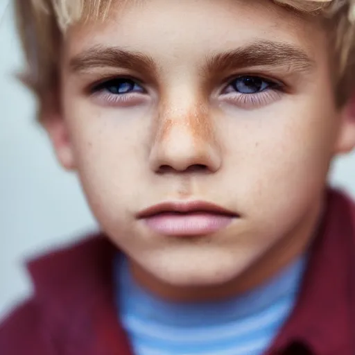 Prompt: a closeup portrait of a boy with blonde hair and brown eyes. Extremely clear and high quality eyes with reflection, realistic face and details, clear lips and high quality, real photo