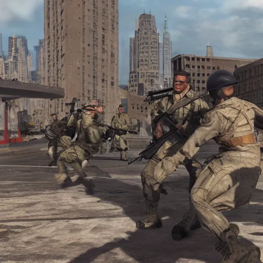 Image similar to The war between the Soviet Union and America, the action takes place in New York, far away against the background of the Statue of Liberty, a lot of soldiers and military equipment, a lot of explosions and tracer bullets, a lot of ruins, a very epic battle, The style of photography of the 80s, very detailed and detailed style