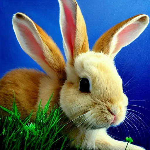 Prompt: The rabbit in the picture looks cute and playful. It has big, fluffy ears and a long, furry tail. Its fur is a light brown color, and its eyes are a bright blue. The background of the picture is a gentle green, and there are flowers blooming around the rabbit. The rabbit wears a floral crown. painted by Gabriel Dawe