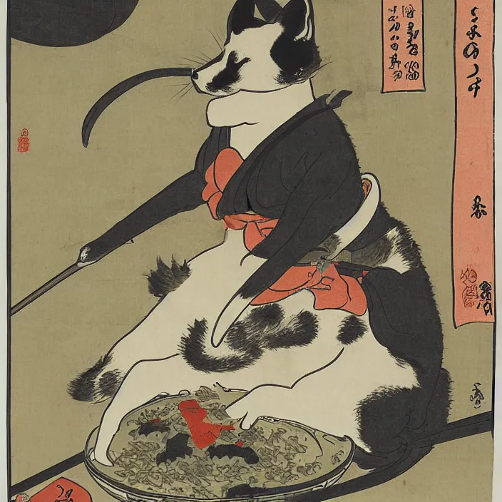 Prompt: a shiba inu samurai eating a bowl of rice, artwork on loan from the historical dog society of japan, by Utagawa Kuniyoshi