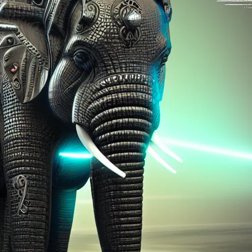 Image similar to hyper realistic cybertronic elephant. high details. complex mechanical body. blue led. cyberpunk style, intricate, trending on art station, 8 k render.