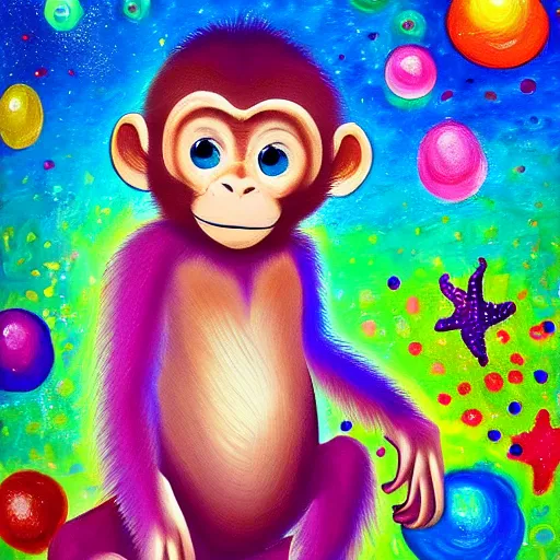 Prompt: excited young monkey underwater, sparkly, colorful, oil painting