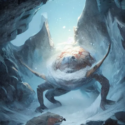 Prompt: bulky anthropomorphic turtle brute by greg rutkowski, winter, ice cave