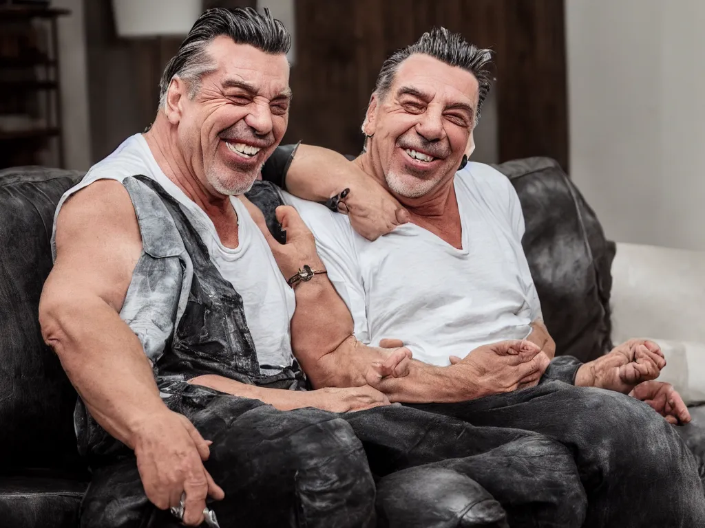 Image similar to close - up photo of a till lindemann sits on the couch with grandmother both laughing, natural lighting, wide lens, 4 k