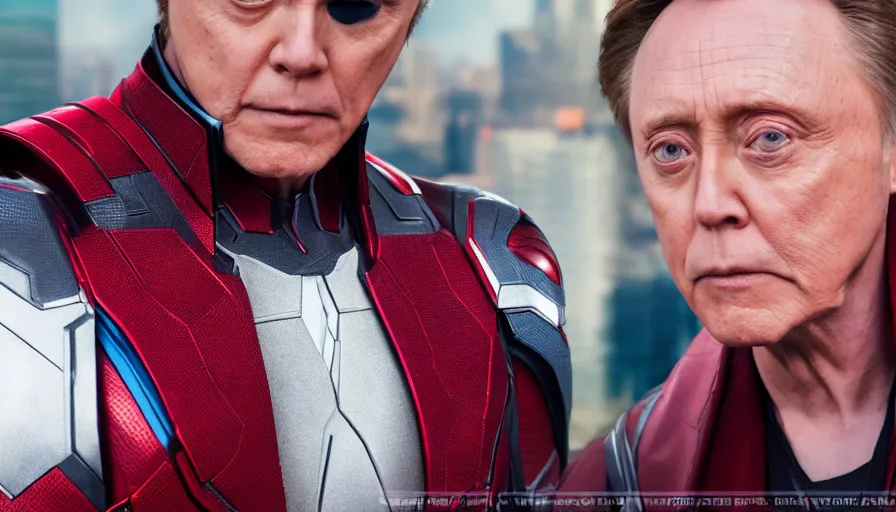 Prompt: portrait cosplay Christopher Walken asa Marvel Superhero in Avengers movie, photography 4k, ultra wide, f1.8 anamorphic, bokeh, 4k,