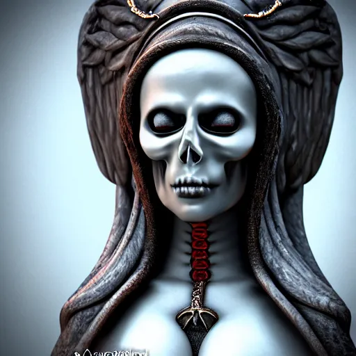 Image similar to cinestill - 5 0 d - candid photographic close - up - portrait, goddess of death, by anne stokes, photorealism, uhd - resolution, rendered in blender, cgi, hyperdetailed