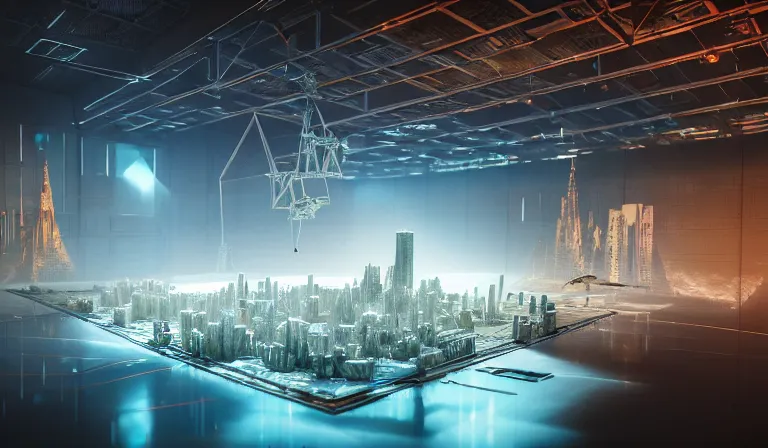 Image similar to sparse crowd of people in walled warehouse, looking at hologram of futuristic city on a table, cinematic concept art, godrays, golden hour, natural sunlight, 4 k, clear details, tabletop model buildings, center model buildings, hologram center, crane shot, crane shot, crane shot