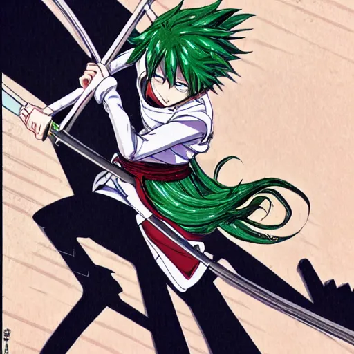 Image similar to fencer, anime style, green hair, dark, animation, detailed, illustration, eiichiro oda,