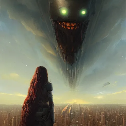 Prompt: ifirst person perspective in a city looking up at the sky to see god's female face looking down at you, doom, fantasy illustration, by greg rutkowski