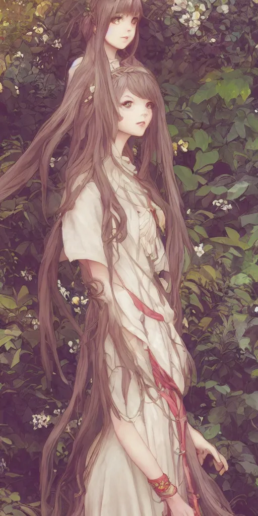 Image similar to a digital art of a loli with long hair in a dress in the privet garden at after noon, by krenz cushart and mucha and akihito yoshida and greg rutkowski, detailed eyes, 4 k resolution 、 trending on art station