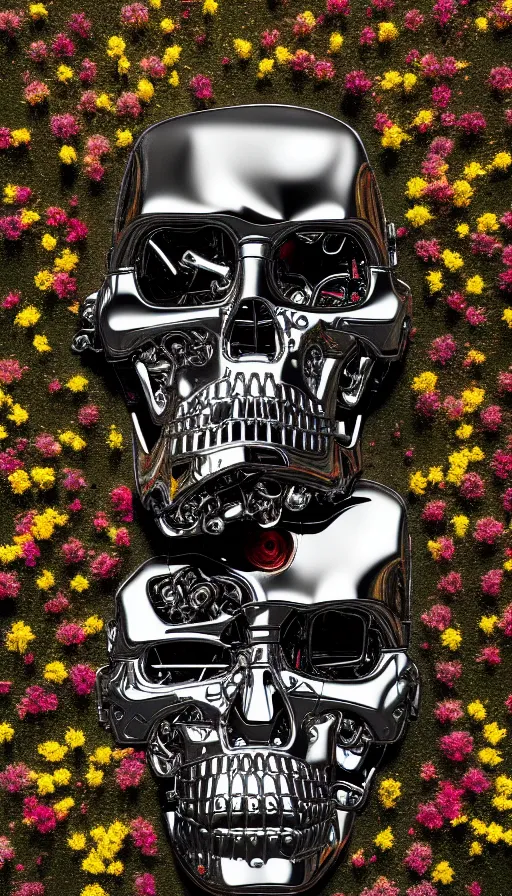 Image similar to destroyed terminator lying in a field of flowers, twisted metal, chrome, reflections, anthropomorphic, photorealism, smoke, metal, 8 k, surreal, wires, smooth, sharp focus, top view, extremely detailed, hyperrealism, elegant, establishing shot, by jeff koons, artgerm and greg rutkowski