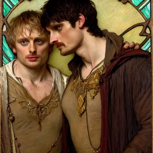 Prompt: bradley james as arthur pendragon and colin morgan as merlin go to a pub together to have some drinks. highly detailed painting by gaston bussiere, alphonse mucha, greg rutkowski, j. c. leyendecker 8 k