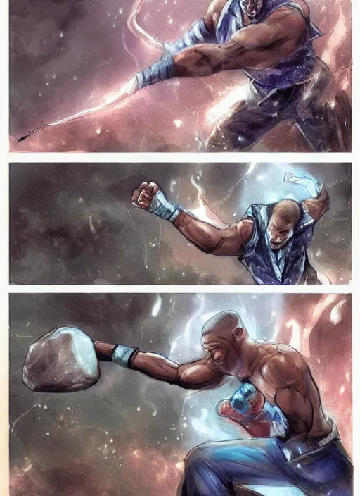 Prompt: beautiful concept art comic book drawing of will smith punching a rock by randy vargas