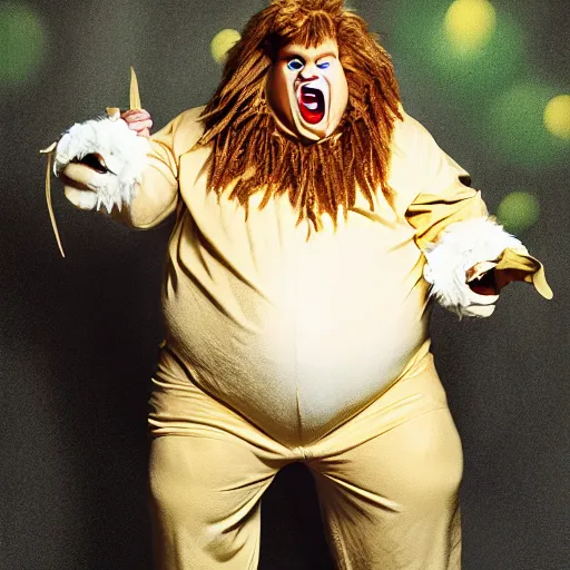 Image similar to snl chris farley as the cowardly lion of oz, studio poster photography, trending on artstation, featured on deviantart, award winning costume