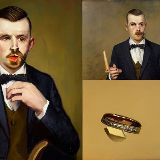 Prompt: a canvas painting of an irish man with a fade haircut, lighting a cigar, wearing a suit, bowtie, and ring, highly detailed, realistic