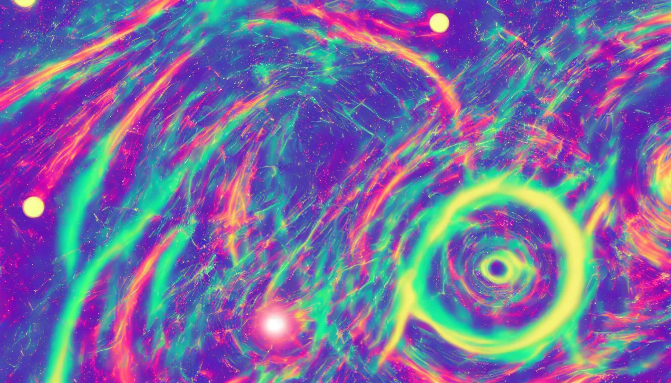 Image similar to space station orbiting a ringed planet, psychedelic, vaporwave