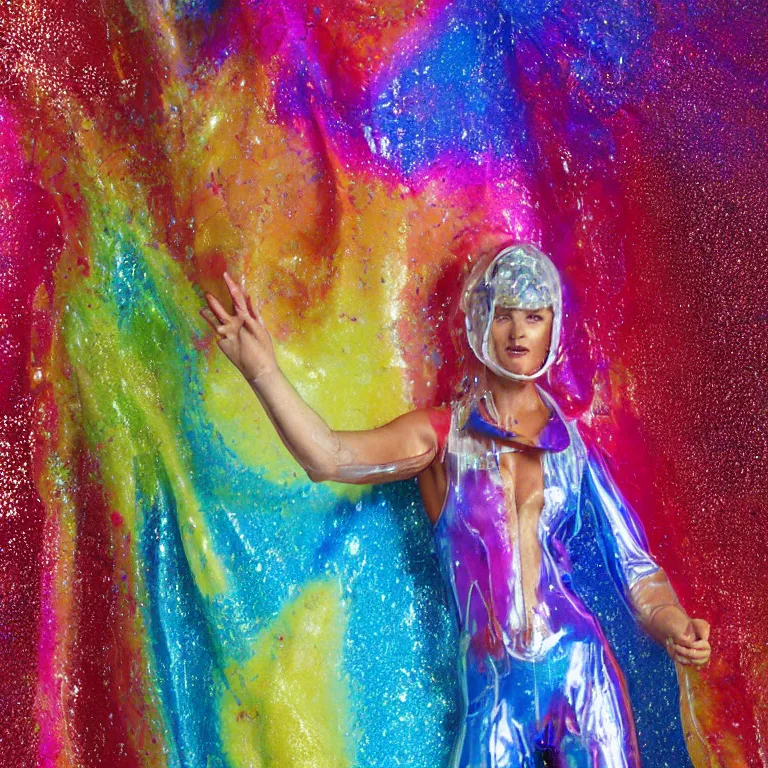 Prompt: octane render portrait by wayne barlow and carlo crivelli and glenn fabry, a woman wearing a clear plastic suit full of colorful thick fluid full of glitter, standing in front of a giant massive waving sheet of colorful tie - dye fabric, cinema 4 d, ray traced lighting, very short depth of field, bokeh