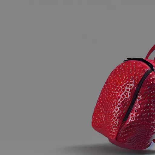 Prompt: a backpack in strawberry!! fruit shape, digital art, artgem, octane render, blender guru, wlop, artstation, hasselblad photo, 4 k resolution, fashion design, product photo, product design, vivid colorful background, strawberry