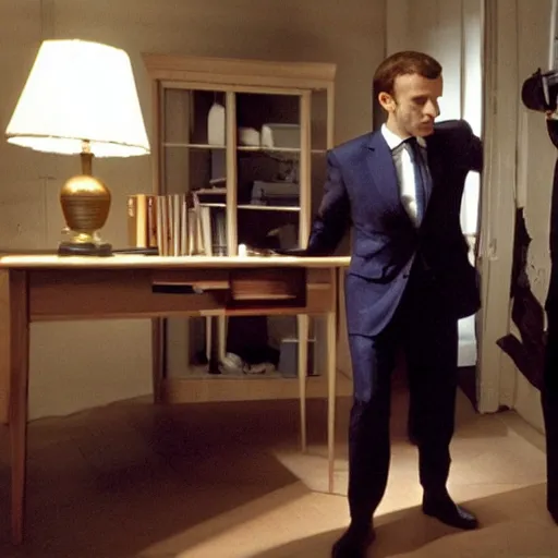 Prompt: Emmanuel Macron moving Ikea furniture in his empty room, in American Psycho (1999)