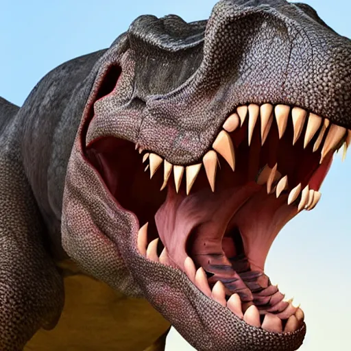 Prompt: a dinosaur screaming because his teeth is broken