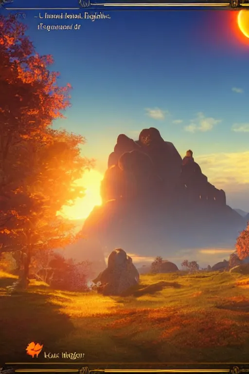 Image similar to fiery autumn twilight with the sun very close to the edge of the mountain, open - world aaa game, isekai fantasy light novel, screenshot