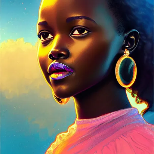 Image similar to gorgeous and beautiful lupita nyong'o, half body shot, angelic, path traced, highly detailed, high quality, digital painting, alena aenami, lilia alvarado, shinji aramaki, karol bak, alphonse mucha, tom bagshaw