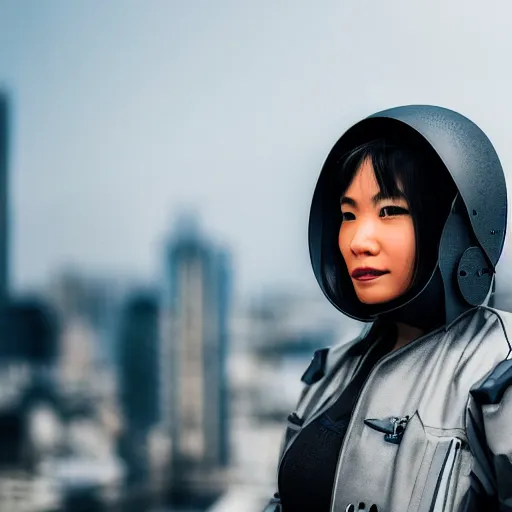 Image similar to photographic portrait of a techwear woman, closeup, on the rooftop of a futuristic city, sigma 85mm f/1.4, 4k, depth of field, high resolution, 4k, 8k, hd, full color