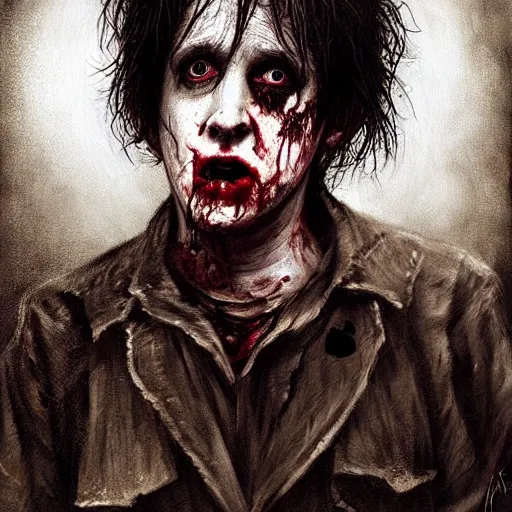 Image similar to young and innocent robert smith as a zombie looking cute and shy, 7 days to die zombie, fine art, award winning, intricate, elegant, sharp focus, cinematic lighting, highly detailed, digital painting, 8 k concept art, art by z. w. gu, art by brom, art by michael hussar, masterpiece, 8 k