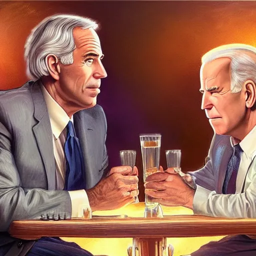 Prompt: Beautiful face Portrait of Jeffrey Epstein and Joe Biden drinking together, powerful , magic, thunders, dramatic lighting, intricate, wild, highly detailed, digital painting, artstation, concept art, smooth, sharp focus, illustration, art by artgerm and greg rutkowski and alphonse mucha, footage from space camera