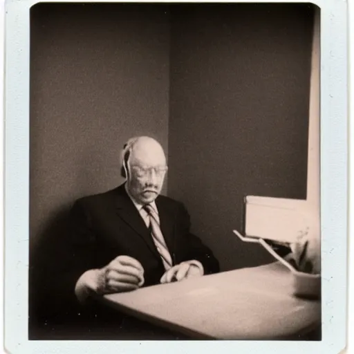 Prompt: a polaroid photo of a man checking his emails from the perspective of a computer screen