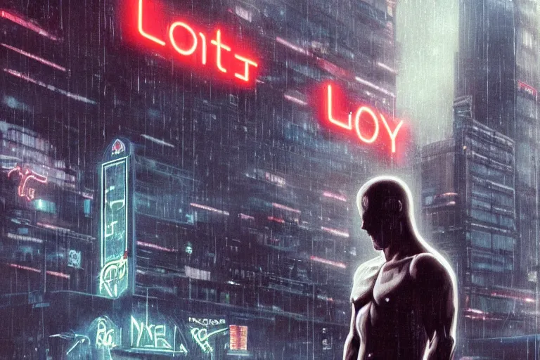 Image similar to roy batty with a bare torso sits in the lotus position with his head bowed in the rain on the roof of a building in the cyberpunk future, around neon signs, a little haze, night, realistic proportions, anime style ghost in armor