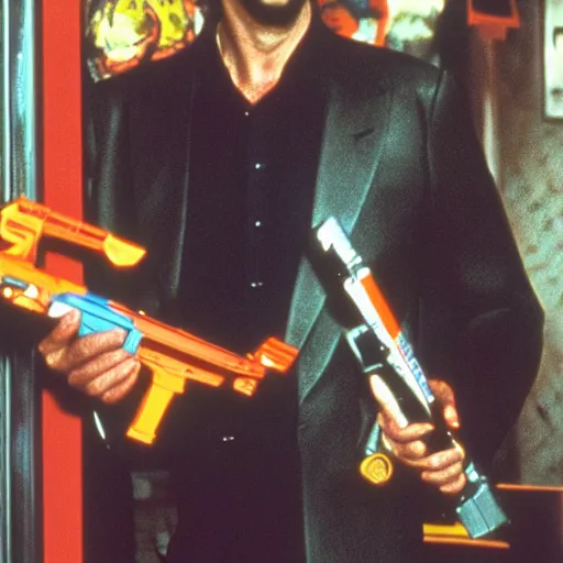 Image similar to Realistic photo of Al Pacino in Scarface, holding a Nerf Gun, standing inside a Chuck E. Cheese