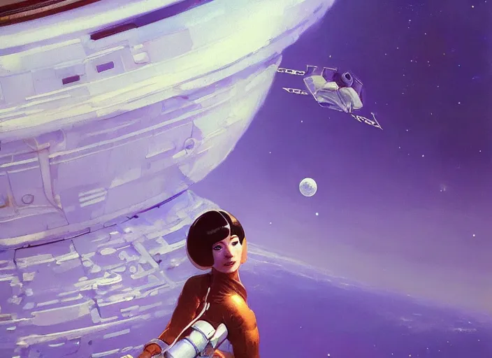 Image similar to closeup shot of a gorgeous inspiring girl in space suit doing a maintenance of a space station in orbit of the moon by Craig Mullins, ilya kuvshinov, krenz cushart, artgerm trending on artstation by Edward Hopper and Dan Mumford and WLOP and Rutkovsky, beksinski carl spitzweg moebius and tuomas kocar, intricate artwork by caravaggio, Unreal Engine 5, Lumen, Nanite