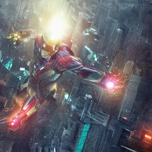 Image similar to A hyperdetailed photograph of Iron Man flying through the skies of a cyberpunk, futuristic city, night, dense fog, rain, HD, 8K resolution