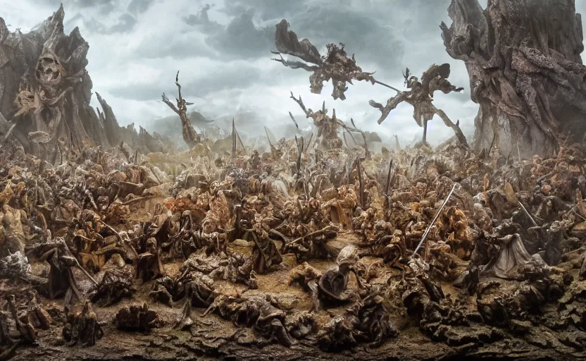 Prompt: stunning photograph of a claymation diorama of the battle of the pelennor fields, detailed, by erwin olaf, joop geesink, jim henson, brian froud, 8 k resolution, beautiful lighting, studio light, extremely detailed, establishing shot, realistic materials, hyperrealistic