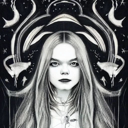 Prompt: a striking esoteric painting of Elle Fanning, dark, metal, black background, occult, by Paulina Peavy