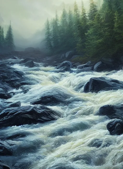Prompt: a wide river with rapids and powerful currents, extremely detailed oil painting, unreal 5 render, digital art, landscape painting, octane render, beautiful composition, trending on artstation, award winning photograph, masterpiece